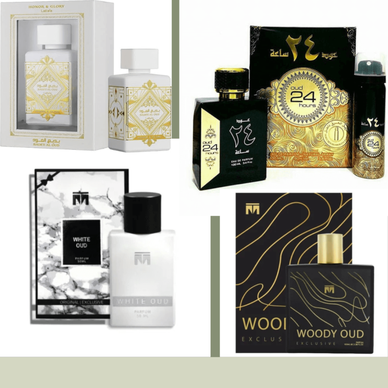 Display white oud and balck oud perfume with bottle and package 